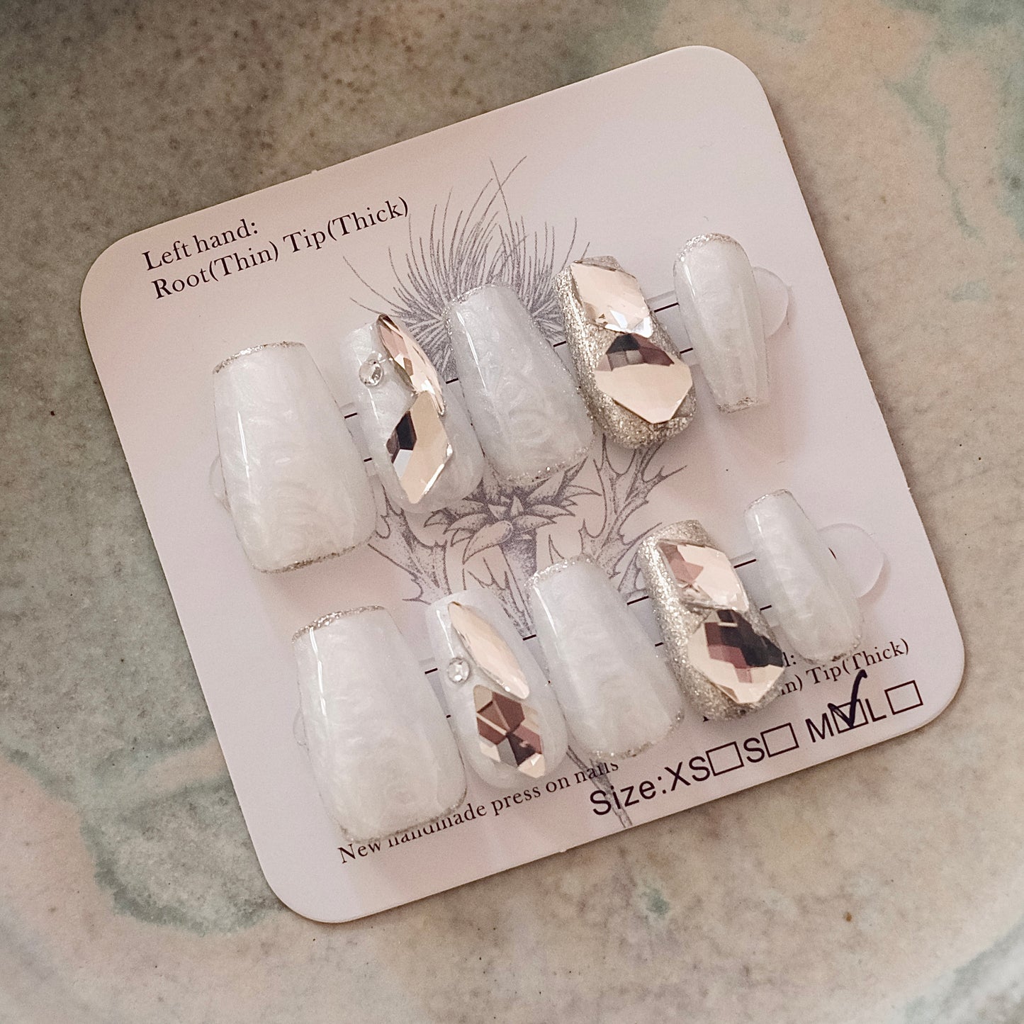 Handmade Press On Nails - White Diamond