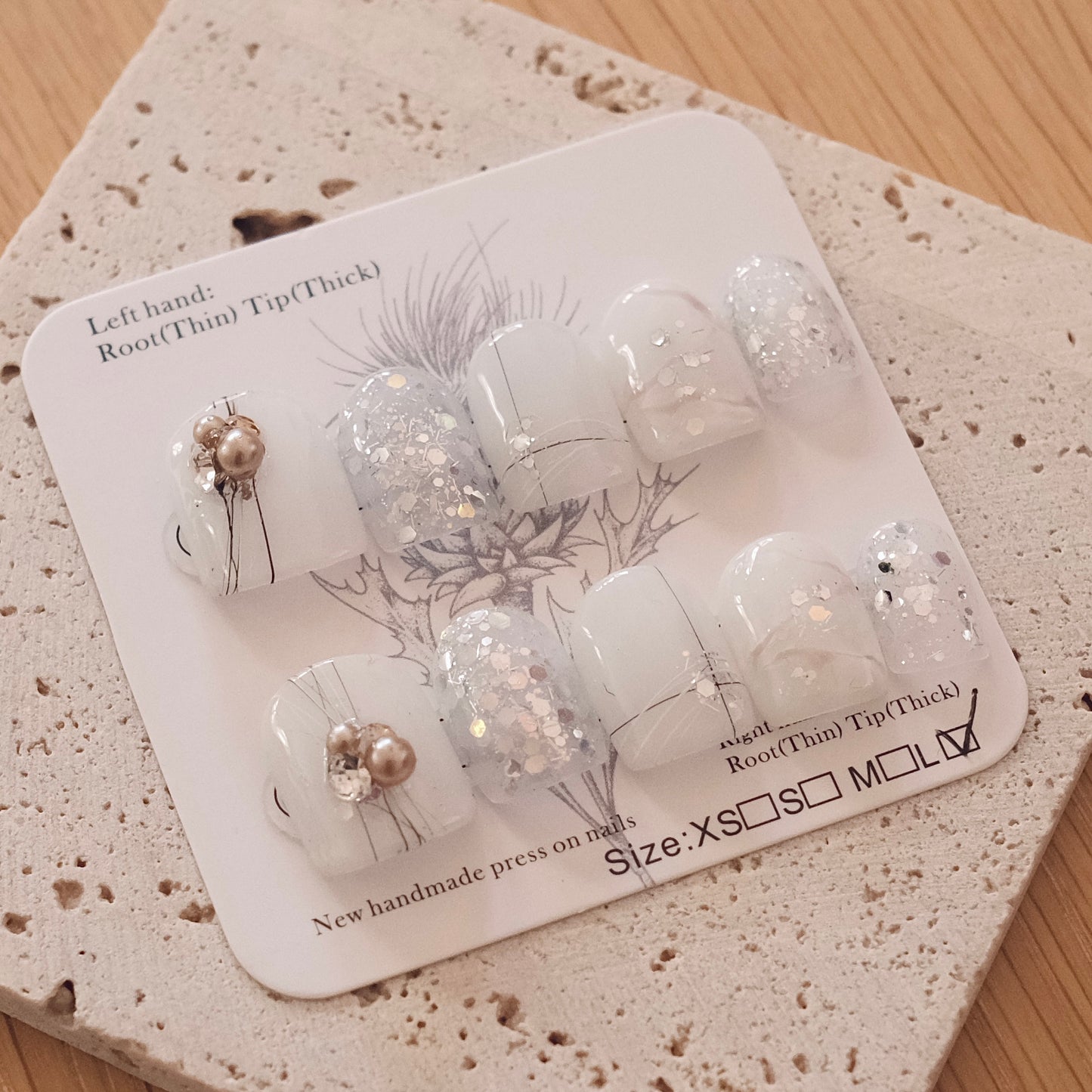 Handmade Press On Nails - White Gold